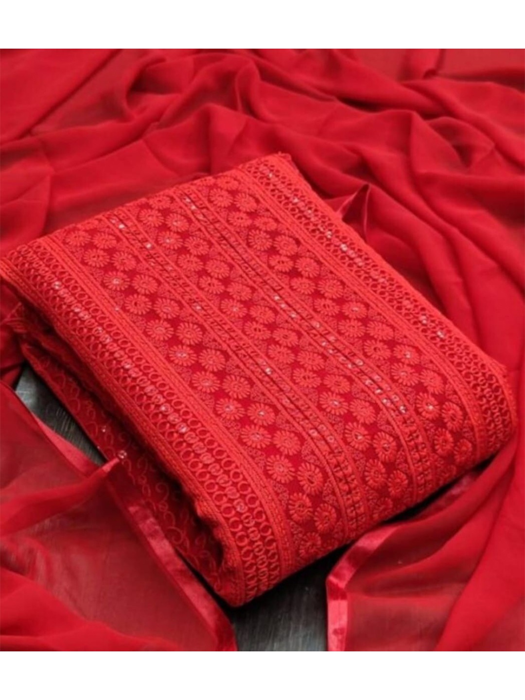 

KALINI Red & Silver-Toned Embroidered Unstitched Dress Material