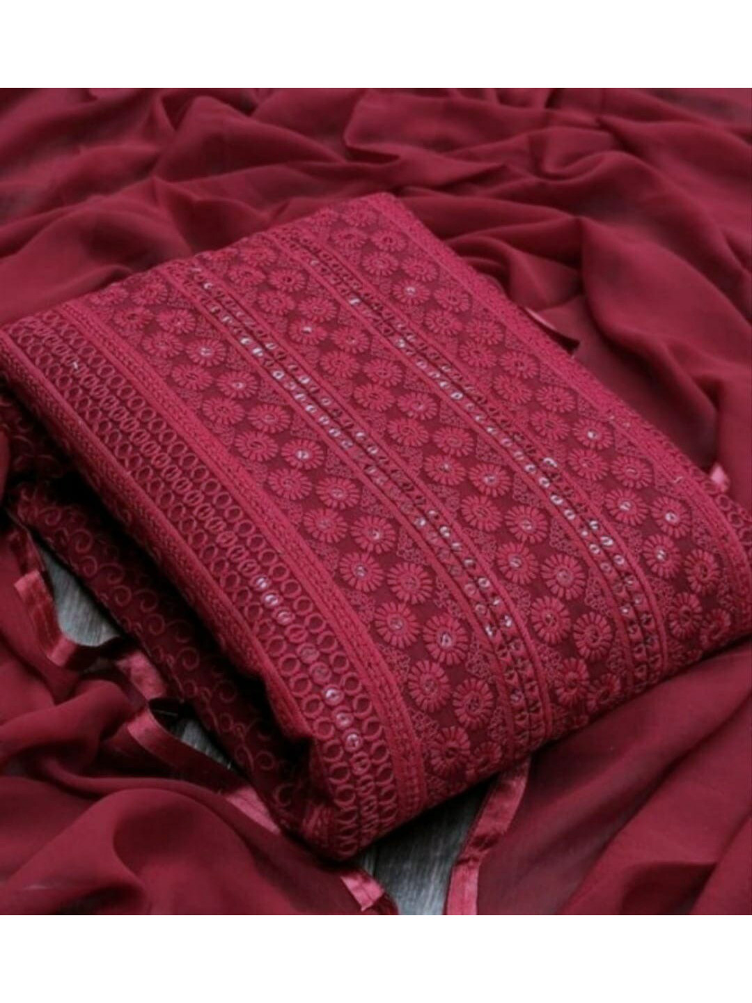 

KALINI Maroon & Silver-Toned Embroidered Unstitched Dress Material