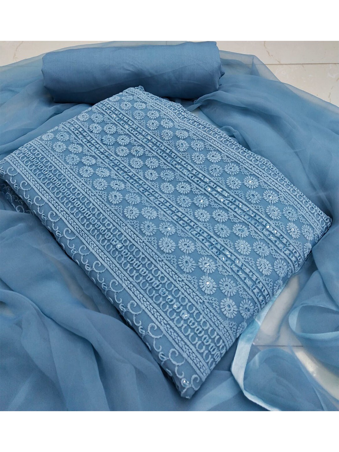 

KALINI Blue & Silver-Toned Embroidered Unstitched Dress Material