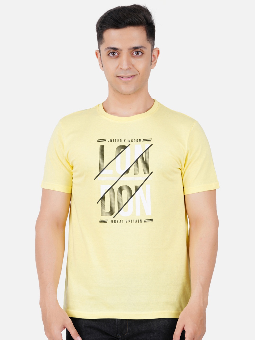 

Vibrant Vesture Men Printed Cotton T-shirt, Yellow