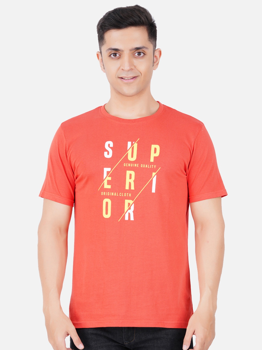 

Vibrant Vesture Men Printed Round Neck Cotton T-shirt, Coral
