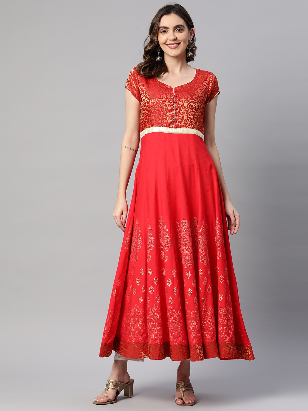 

MBE Women Ethnic Motifs Printed Pure Cotton Anarkali Kurta, Red