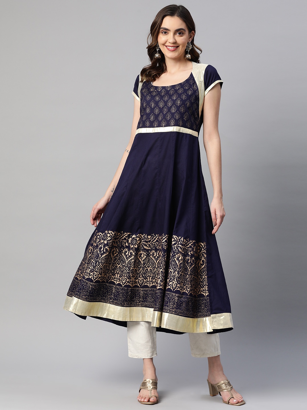 

MBE Women Ethnic Motifs Block Print Anarkali Kurta, Navy blue