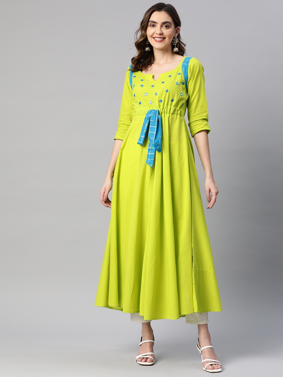 

MBE Women Embroidered Mirror Work Pure Cotton Kurta, Lime green