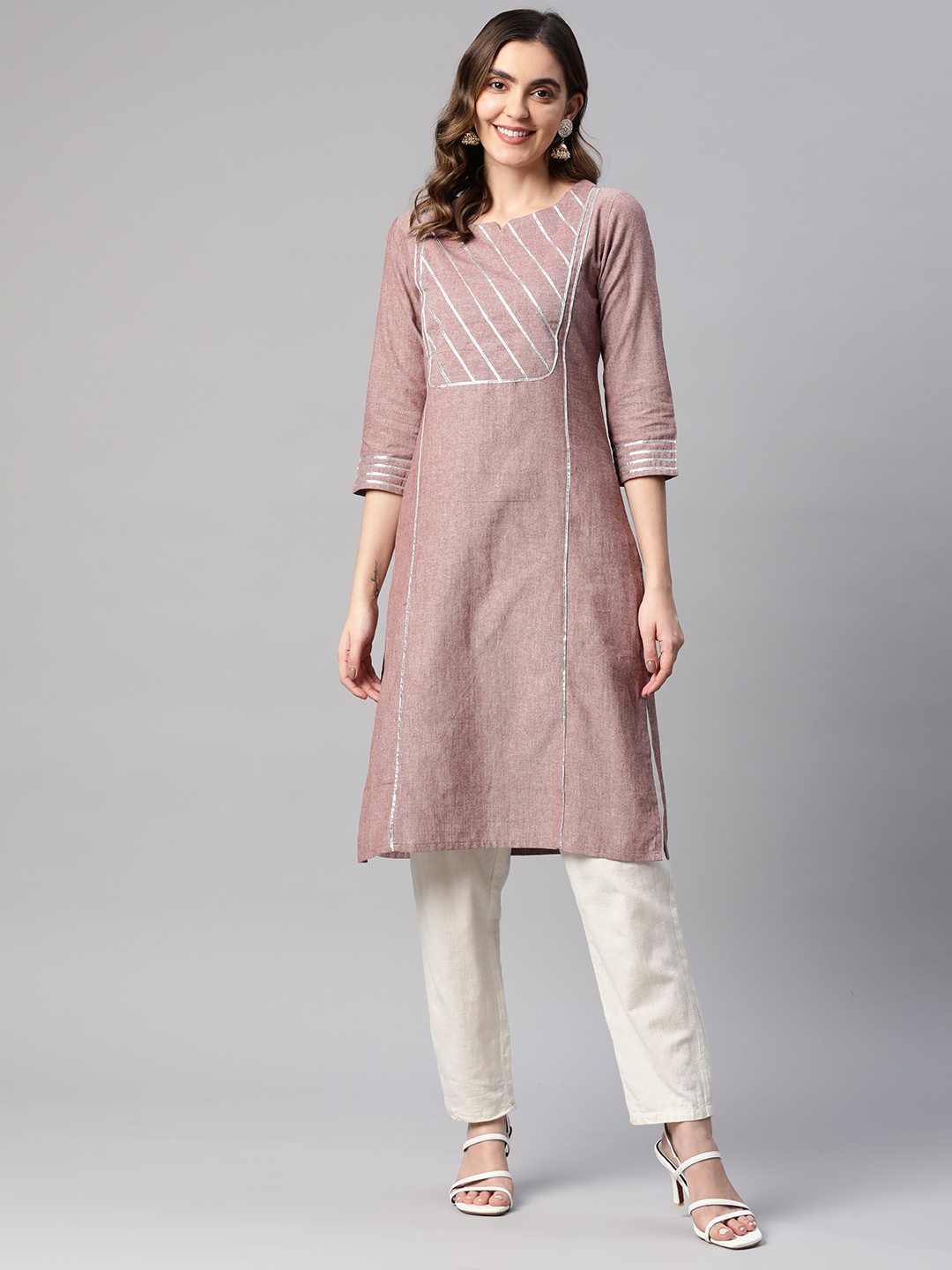 

MBE Women Embellished Gotta Patti Pastels Kurta, Brown
