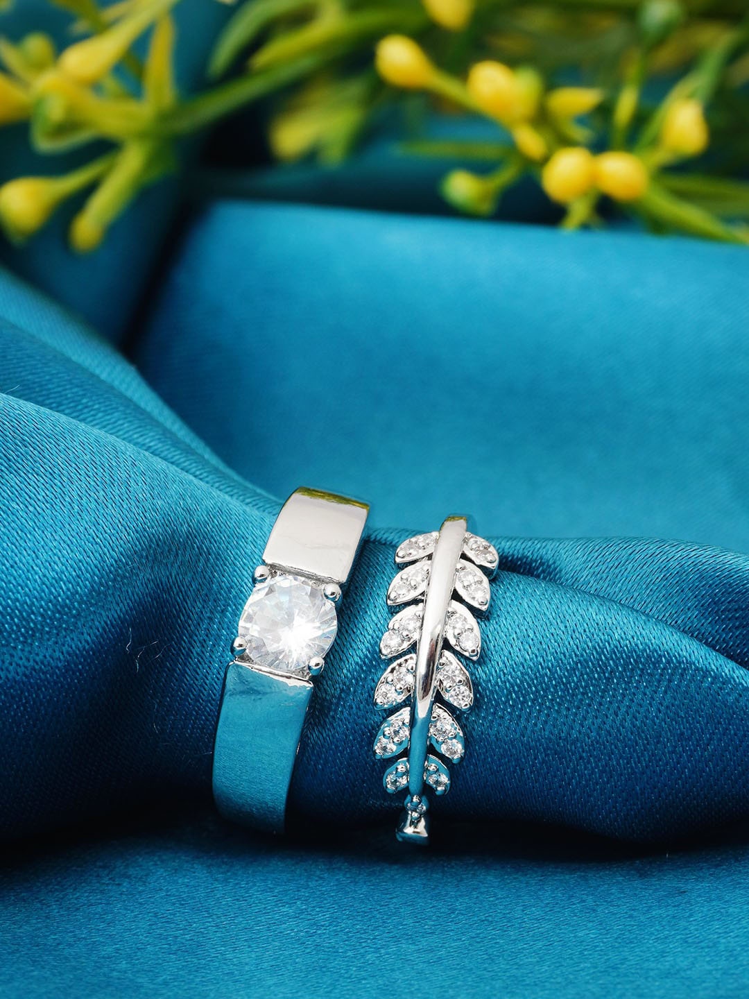 

Ferosh Set Of 2 Silver-Plated Stone-Studded Couple Rings