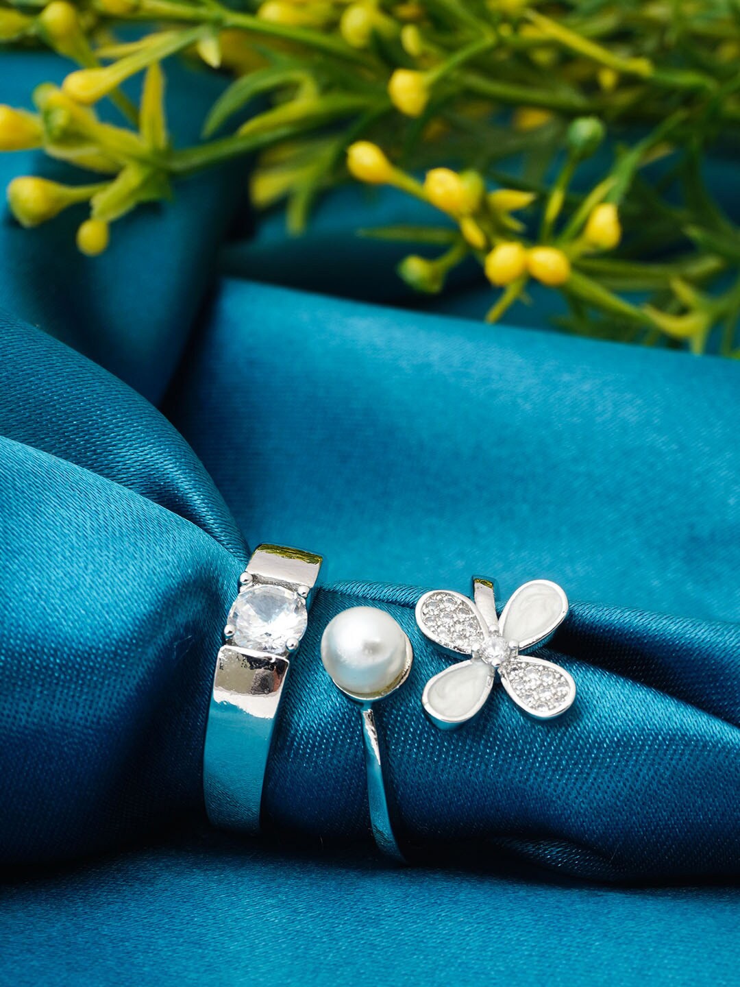 

Ferosh Set Of 2 Silver-Plated Stone-Studded Couple Rings