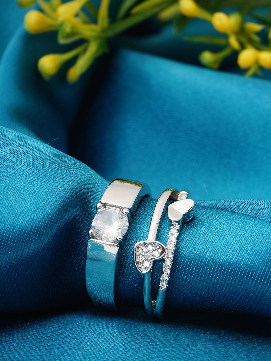 

Ferosh Set Of 2 Silver-Plated Stone-Studded Couple Rings