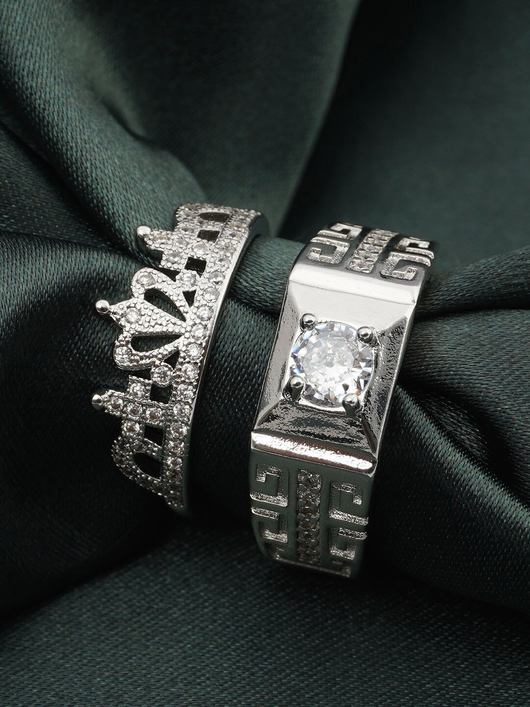 

Ferosh Set Of 2 Silver-Plated Stone-Studded Finger Couple Rings