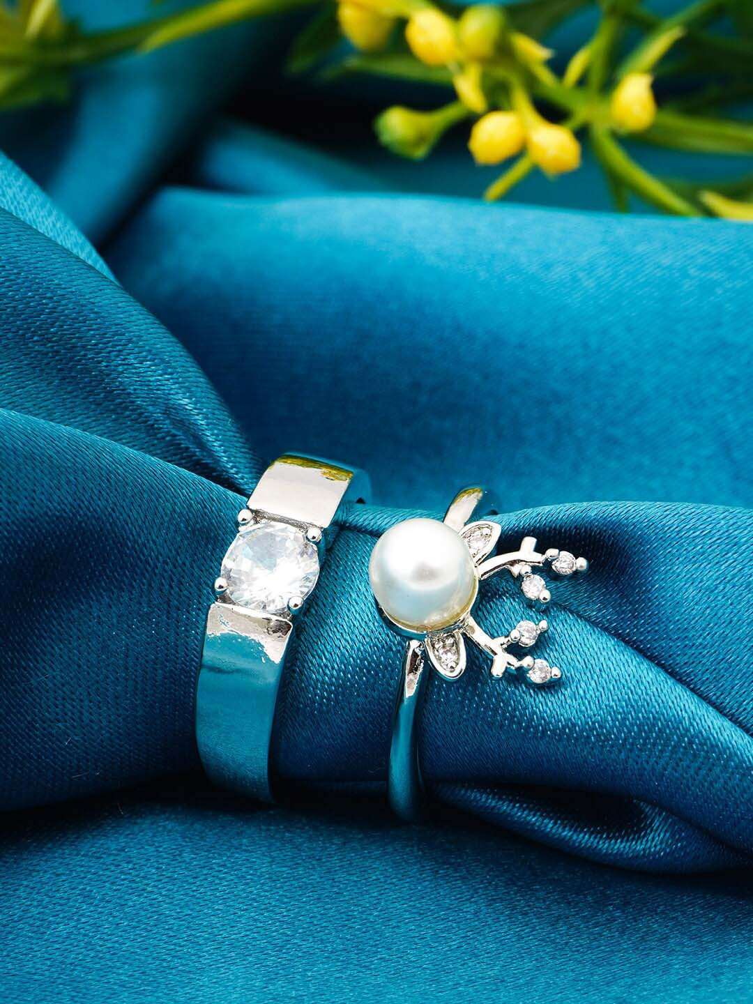 

Ferosh Set Of 2 Silver-Plated Stone-Studded Couple Rings