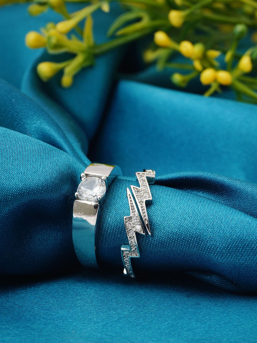 

Ferosh Set Of 2 Silver-Plated Stone-Studded Couple Rings