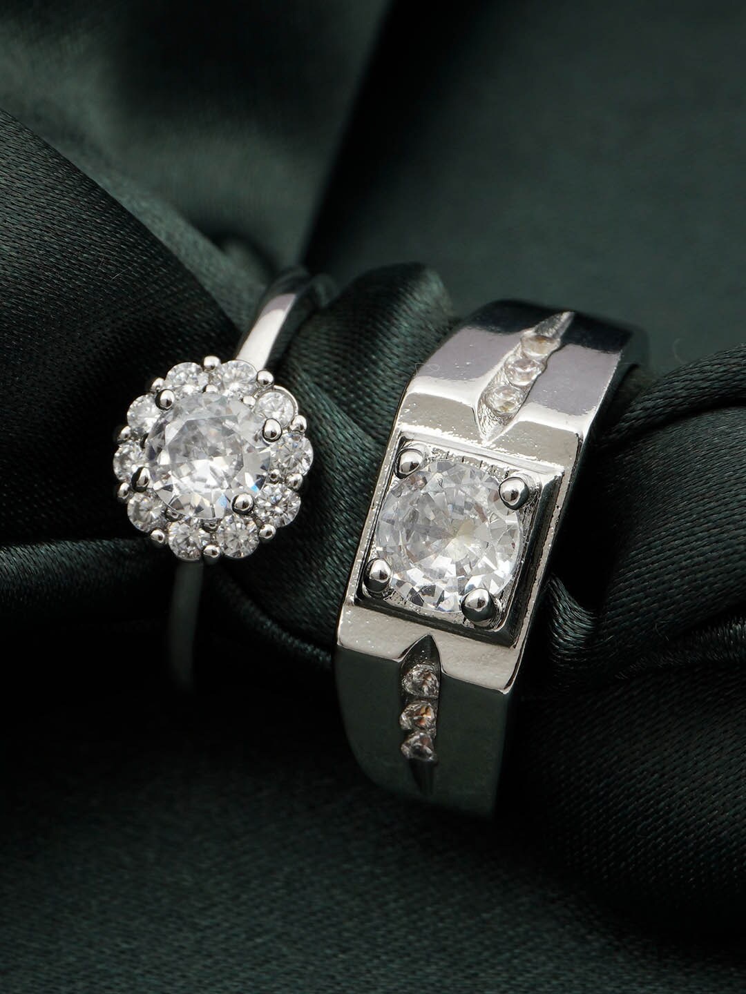 

Ferosh Set Of 2 Silver-Plated Stone-Studded Couple Rings