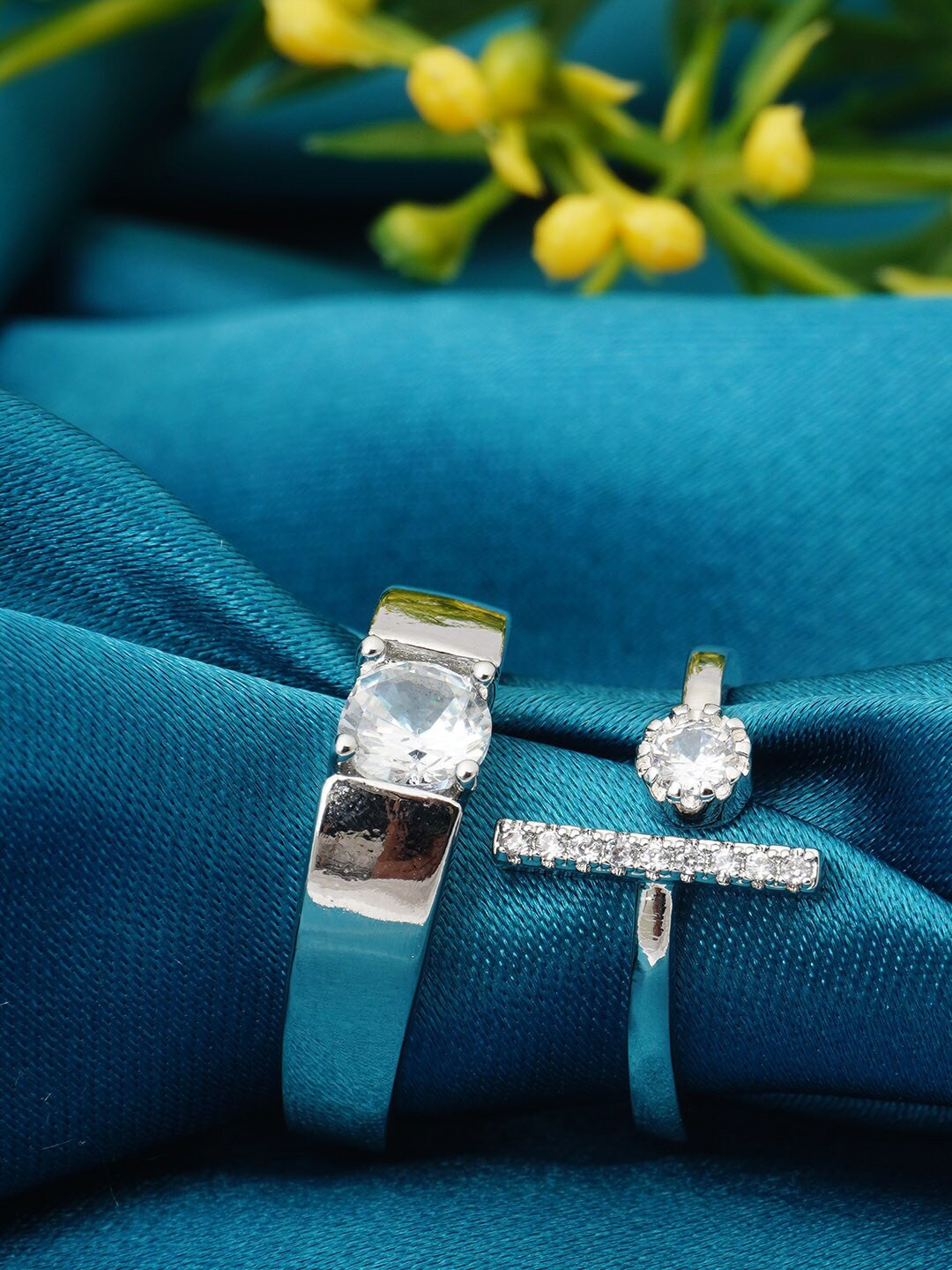 

Ferosh Set Of 2 Silver-Plated Stone-Studded Couple Rings