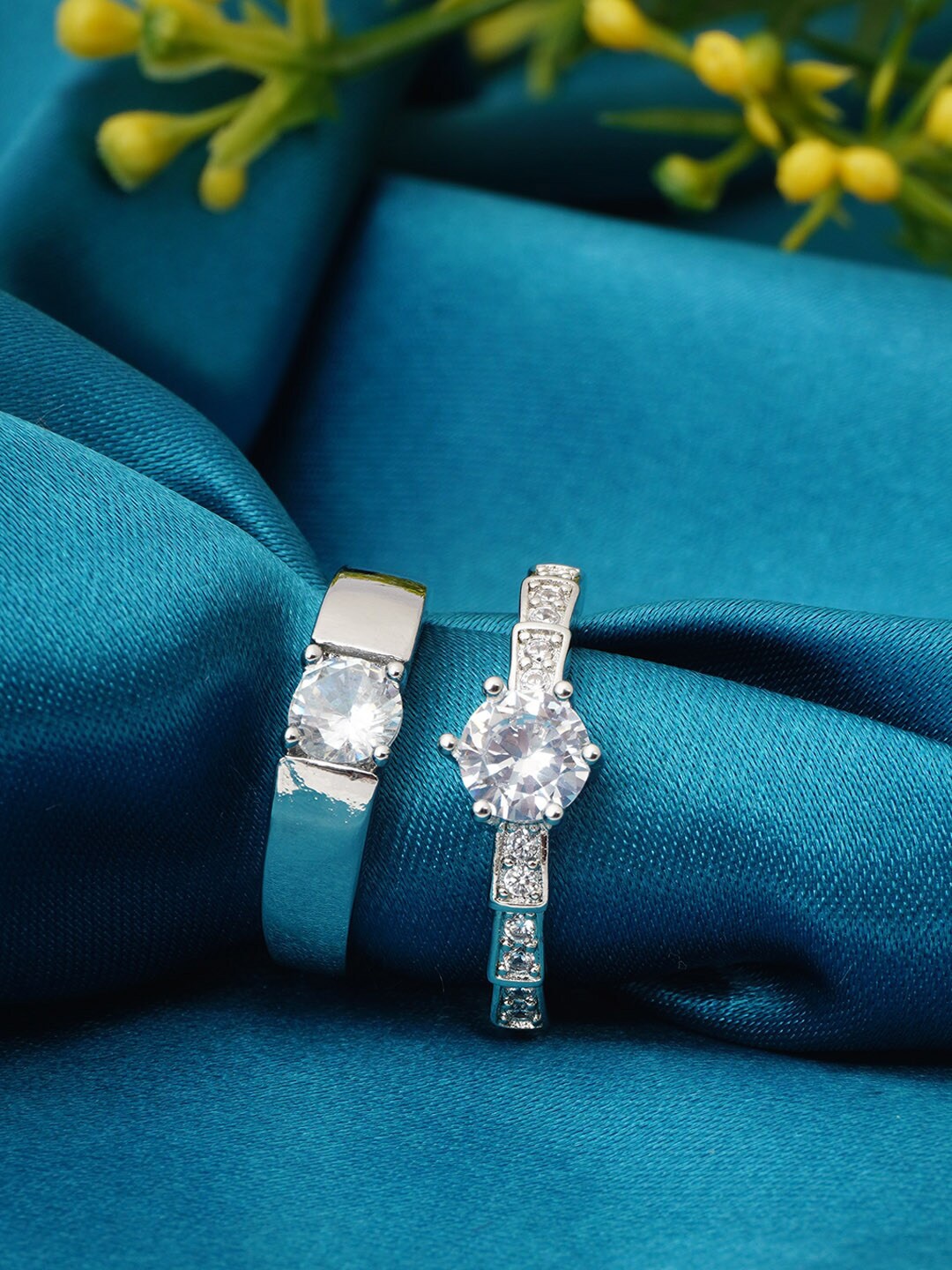 

Ferosh Set Of 2 Silver-Plated Stone-Studded Couple Rings