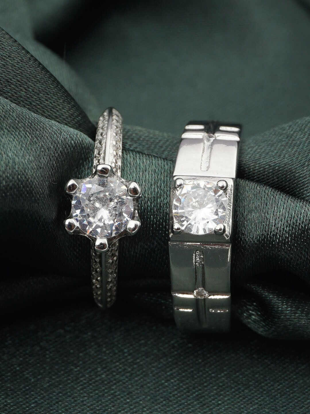 

Ferosh Set Of 2 Silver-Plated Stone-Studded Couple Rings