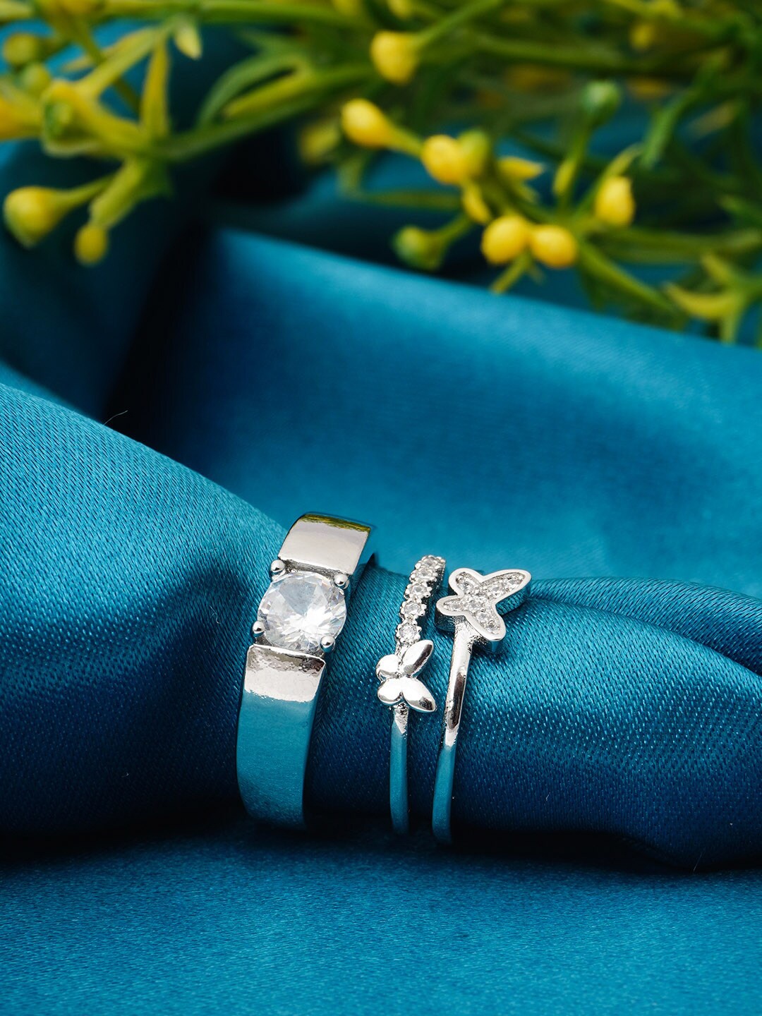 

Ferosh Set Of 2 Silver-Plated Stone-Studded Couple Rings