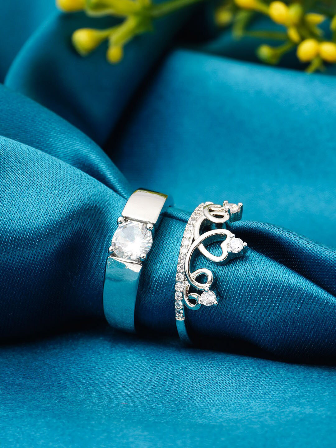 

Ferosh Set Of 2 Silver-Plated Stone-Studded Couple Rings