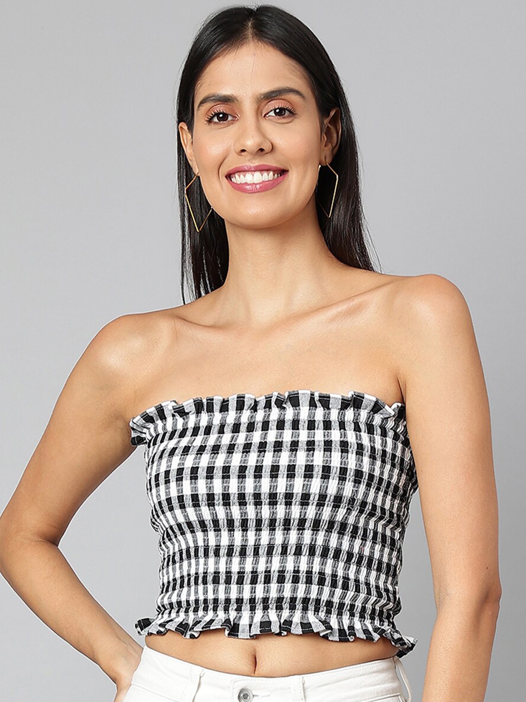 

FINSBURY LONDON Checked Smocked Tube Cotton Crop Top, Black