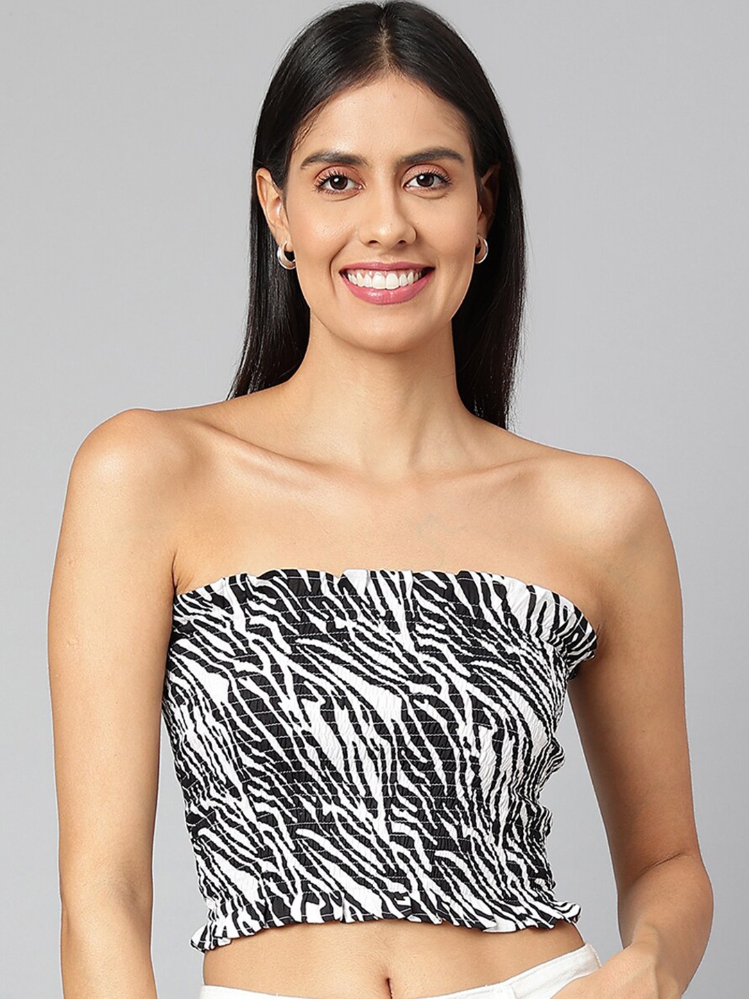 

FINSBURY LONDON Animal Print Smocked Tube Cotton Crop Top, Black