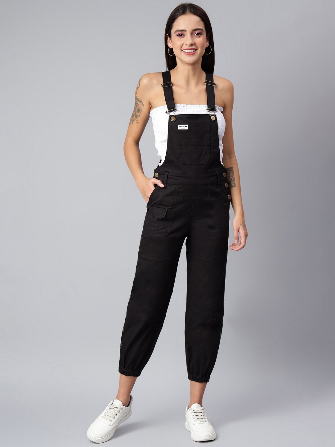 

FINSBURY LONDON Women Cotton Dungaree Side Leg Brand Tape, Black