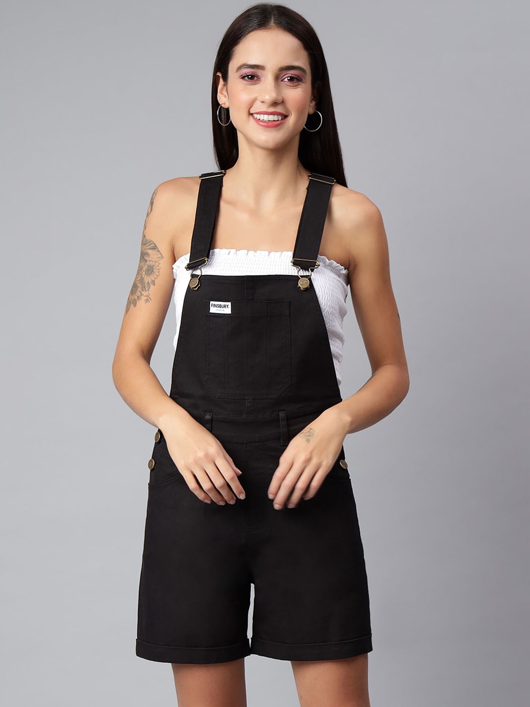 

FINSBURY LONDON Women Denim Slim-Fit Dungarees, Black