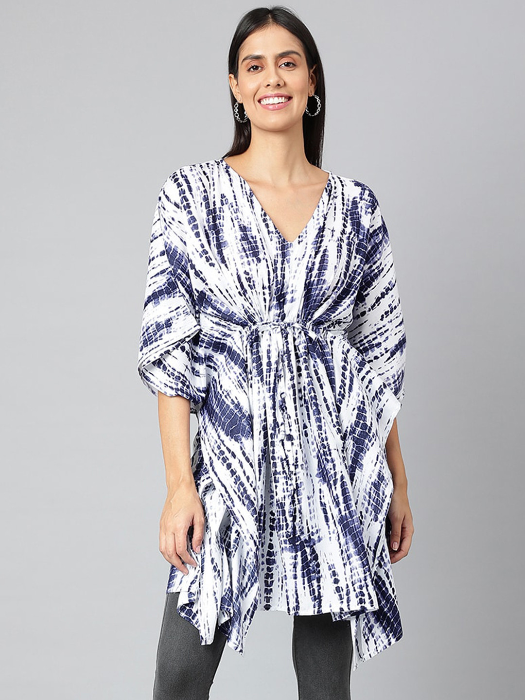 

FINSBURY LONDON Women Printed Flared Sleeves Asymmetric Kaftan Kurta, Blue