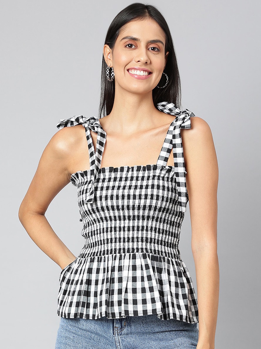

FINSBURY LONDON Checked Smocked Peplum Top, Black