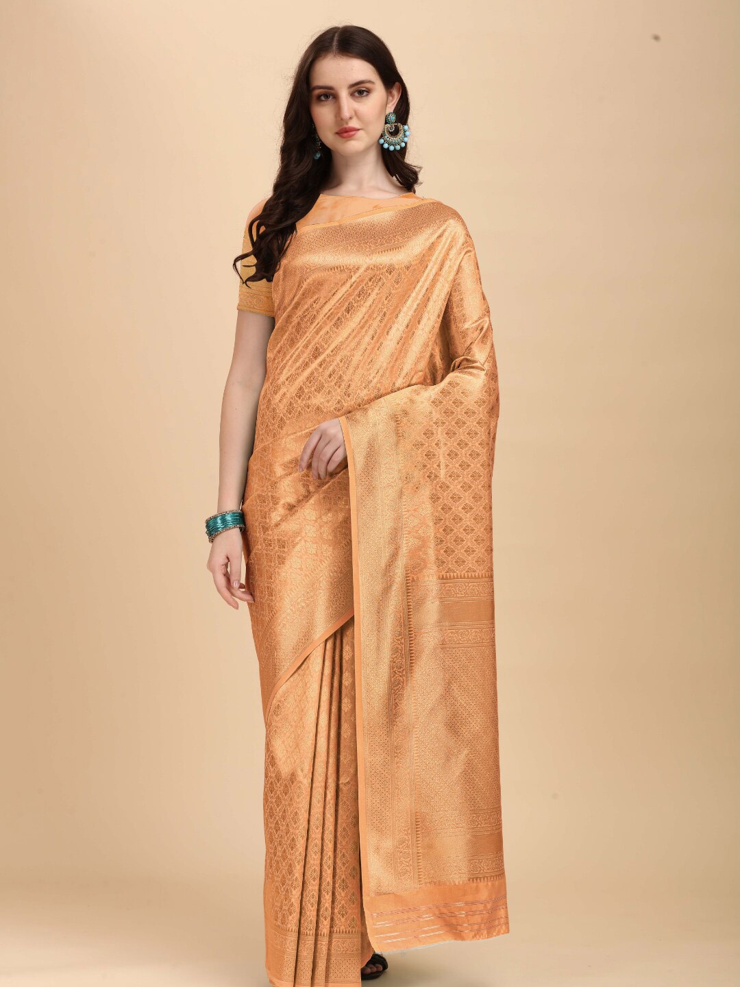 

Kasak Woven Design Zari Silk Blend Kanjeevaram Saree, Peach