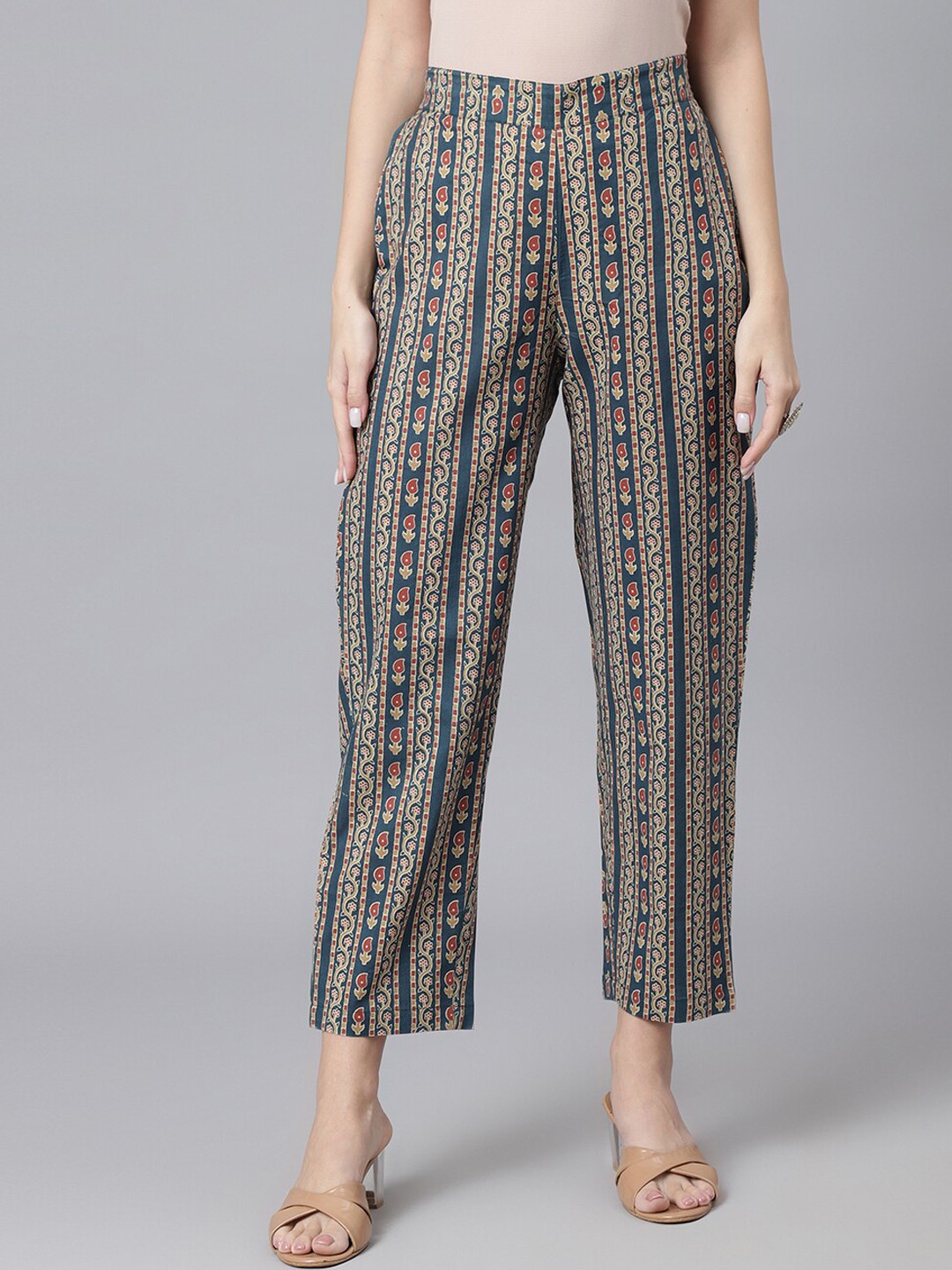 

DECKEDUP Women Ethnic Motifs Printed Relaxed Easy Wash Cotton Trousers, Blue