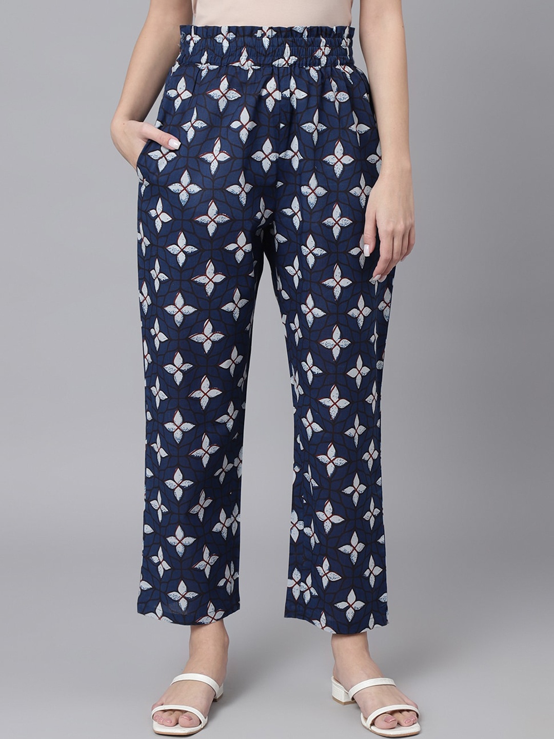 

DECKEDUP Women Floral Printed Relaxed Easy Wash Cotton Trousers, Blue
