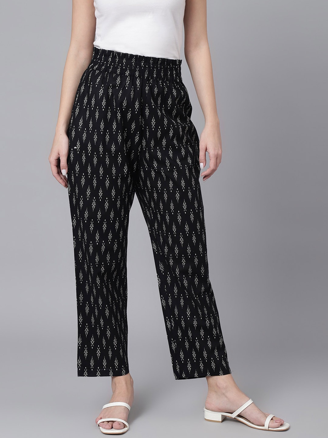 

DECKEDUP Women Ethnic Motifs Printed Relaxed Easy Wash Cotton Trousers, Black