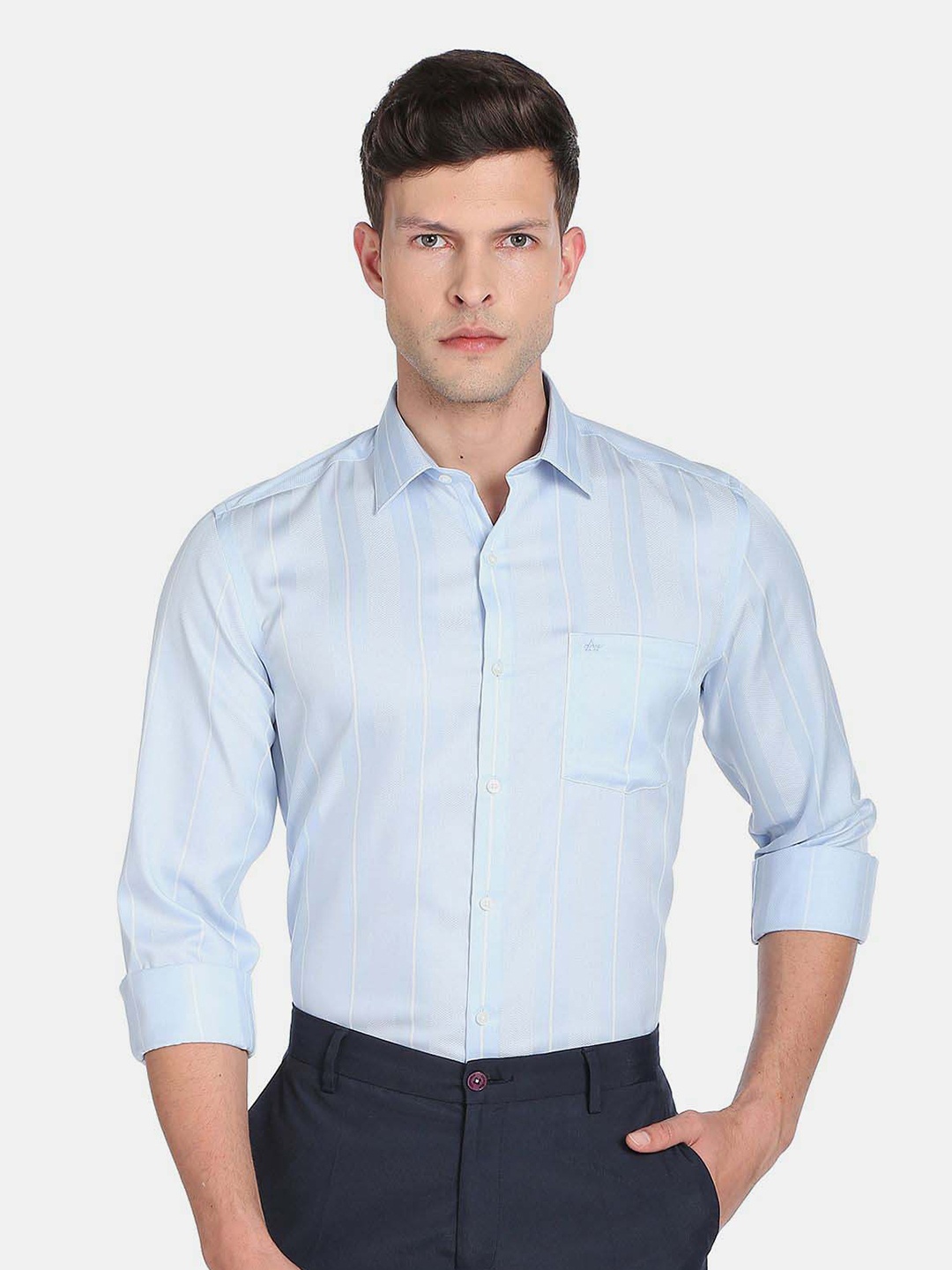 

Arrow Men Slim Fit Striped Pure Cotton Auto Press Formal Shirt, Blue