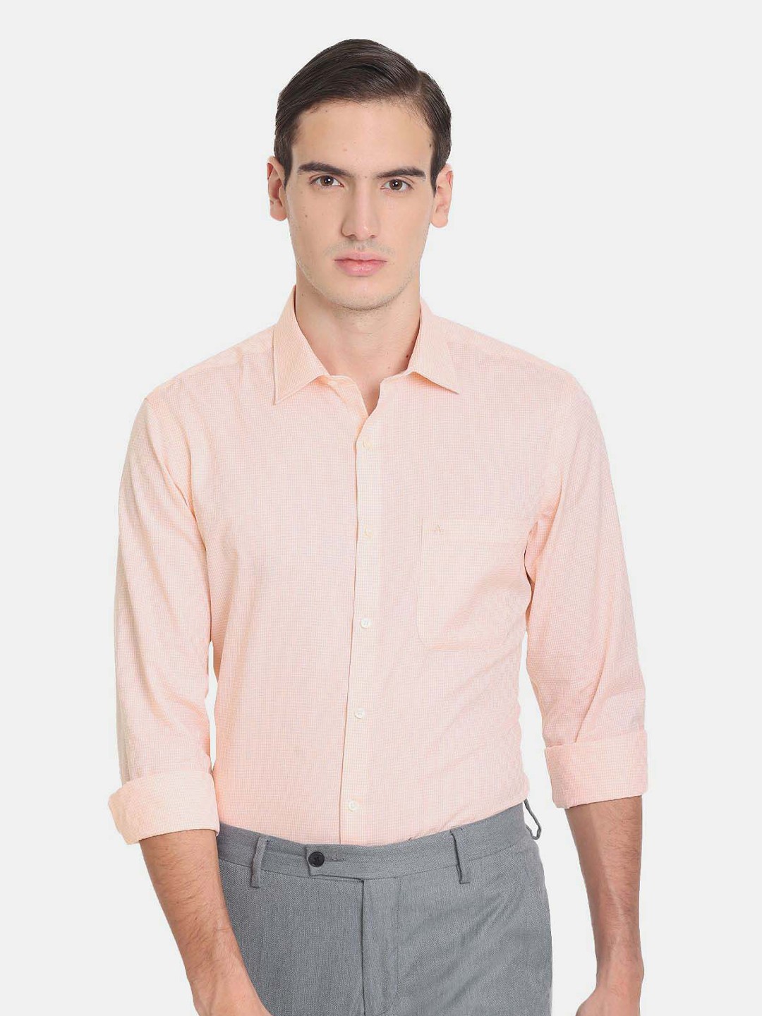 

Arrow Men Micro Checks Pure Cotton Auto Press Formal Shirt, Orange