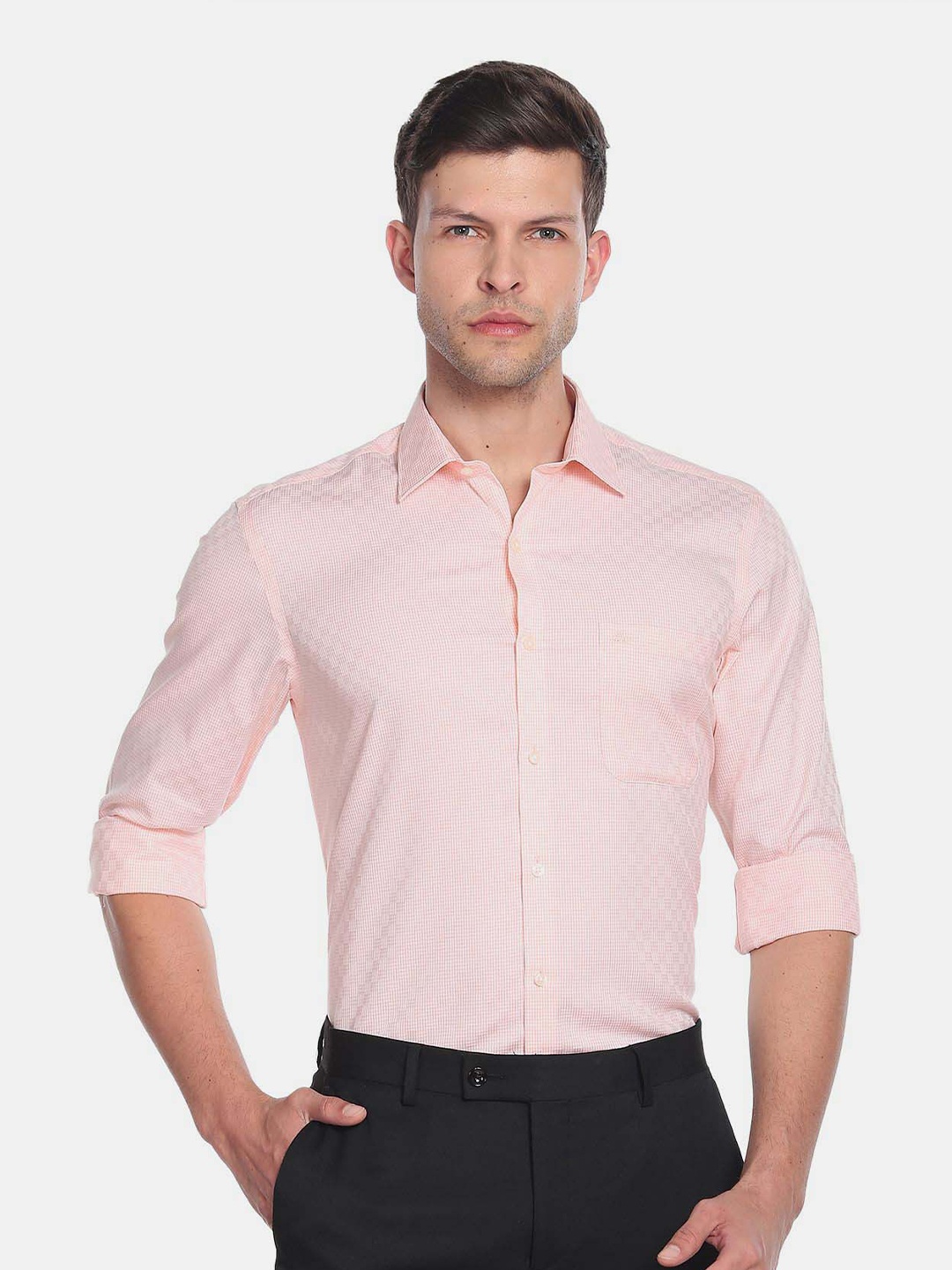 

Arrow Men Auto Press Micro Checks Formal Shirt, Peach