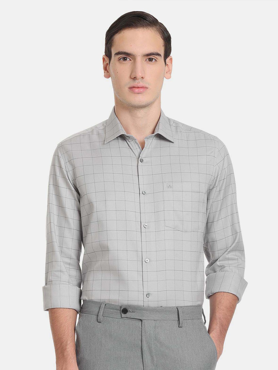 

Arrow Men Slim Fit Windowpane Checks Auto Press Pure Cotton Formal Shirt, Grey
