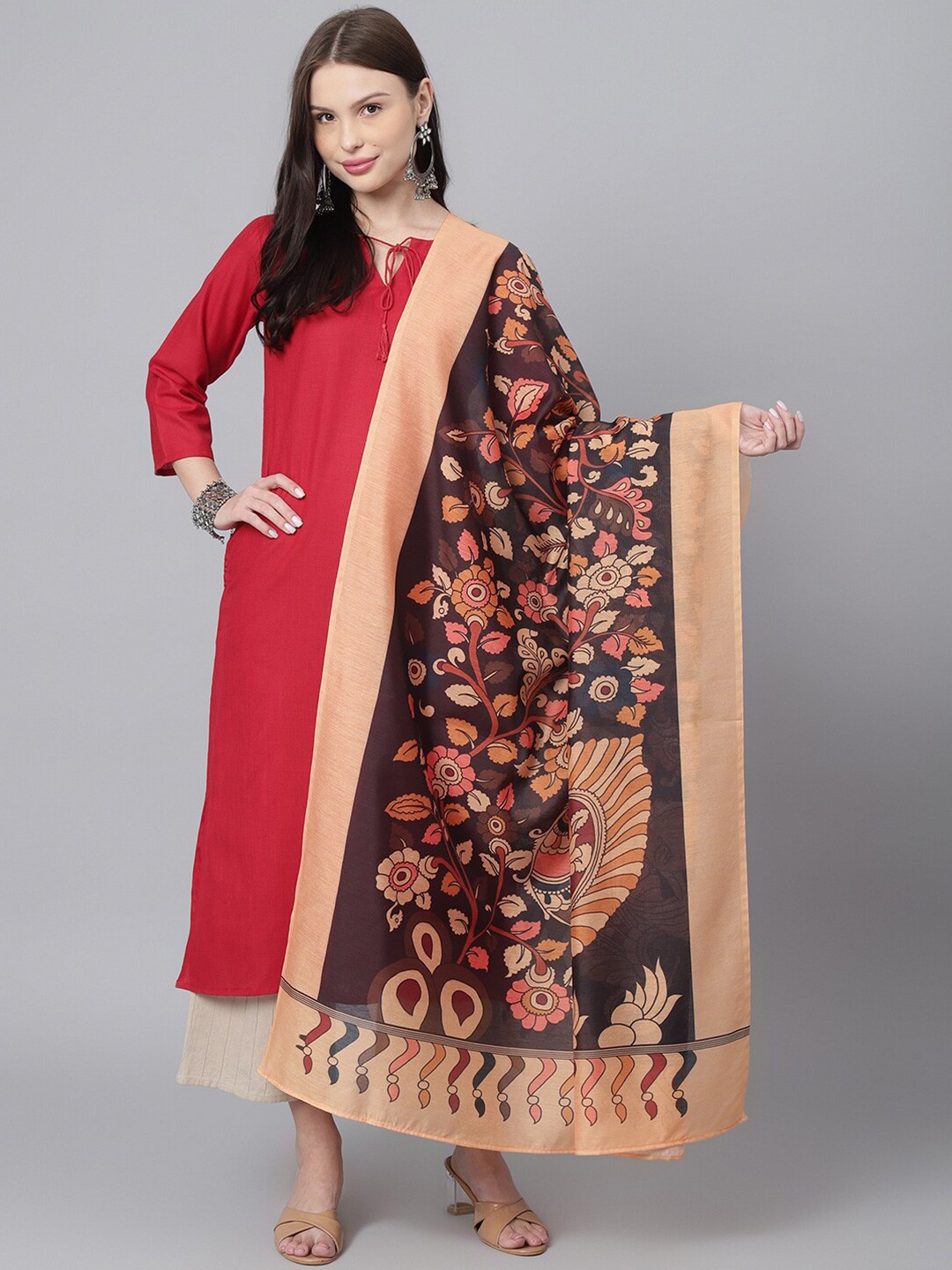 

DECKEDUP Floral Printed Chanderi Dupatta, Black