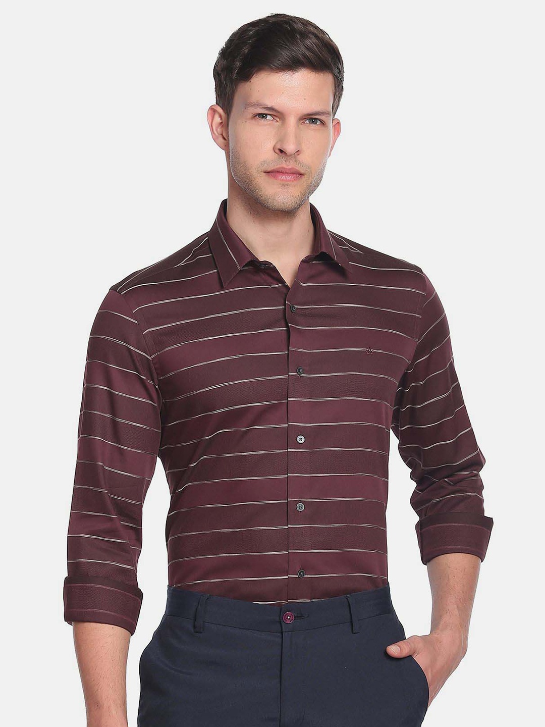 

Arrow New York Men Slim Fit Horizontal Striped Pure Cotton Formal Shirt, Burgundy