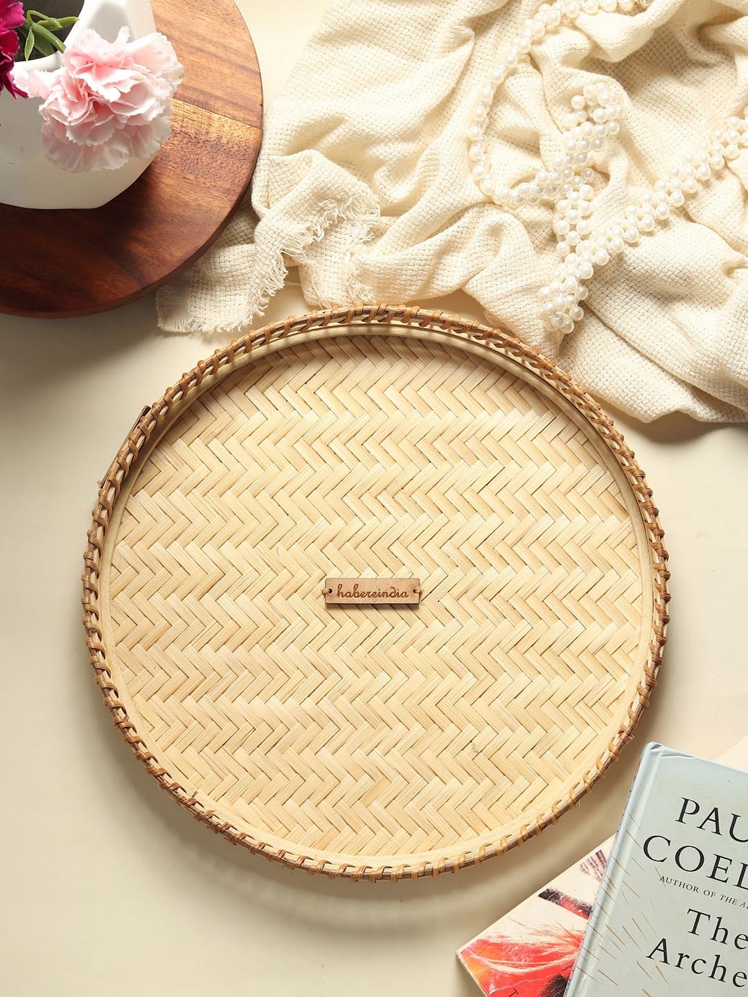 

HABERE INDIA Beige Round Small Cane Tray with Handle