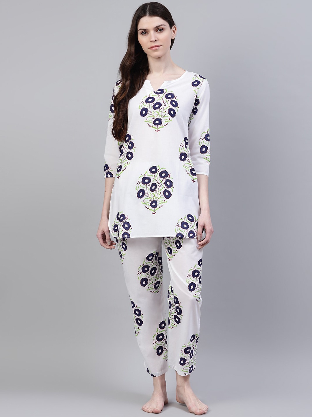 

Stylum Women 2 Pieces Floral Printed Pure Cotton Night suit, White