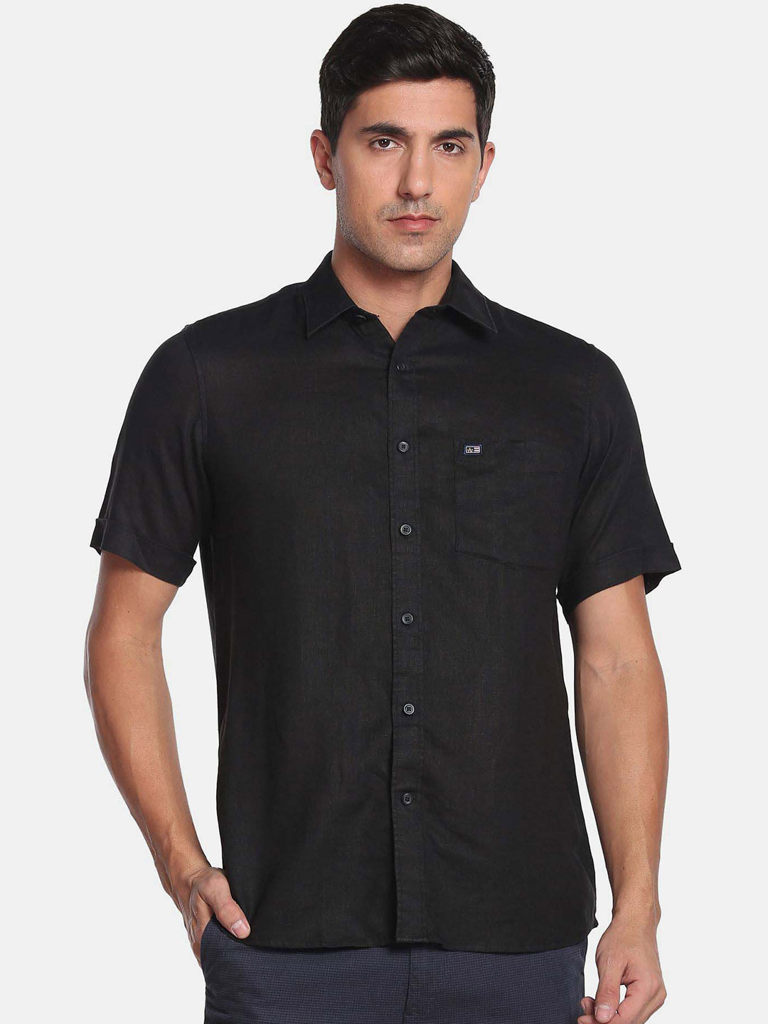 

Arrow Sport Men Spread Collar Pure Linen Casual Shirt, Black