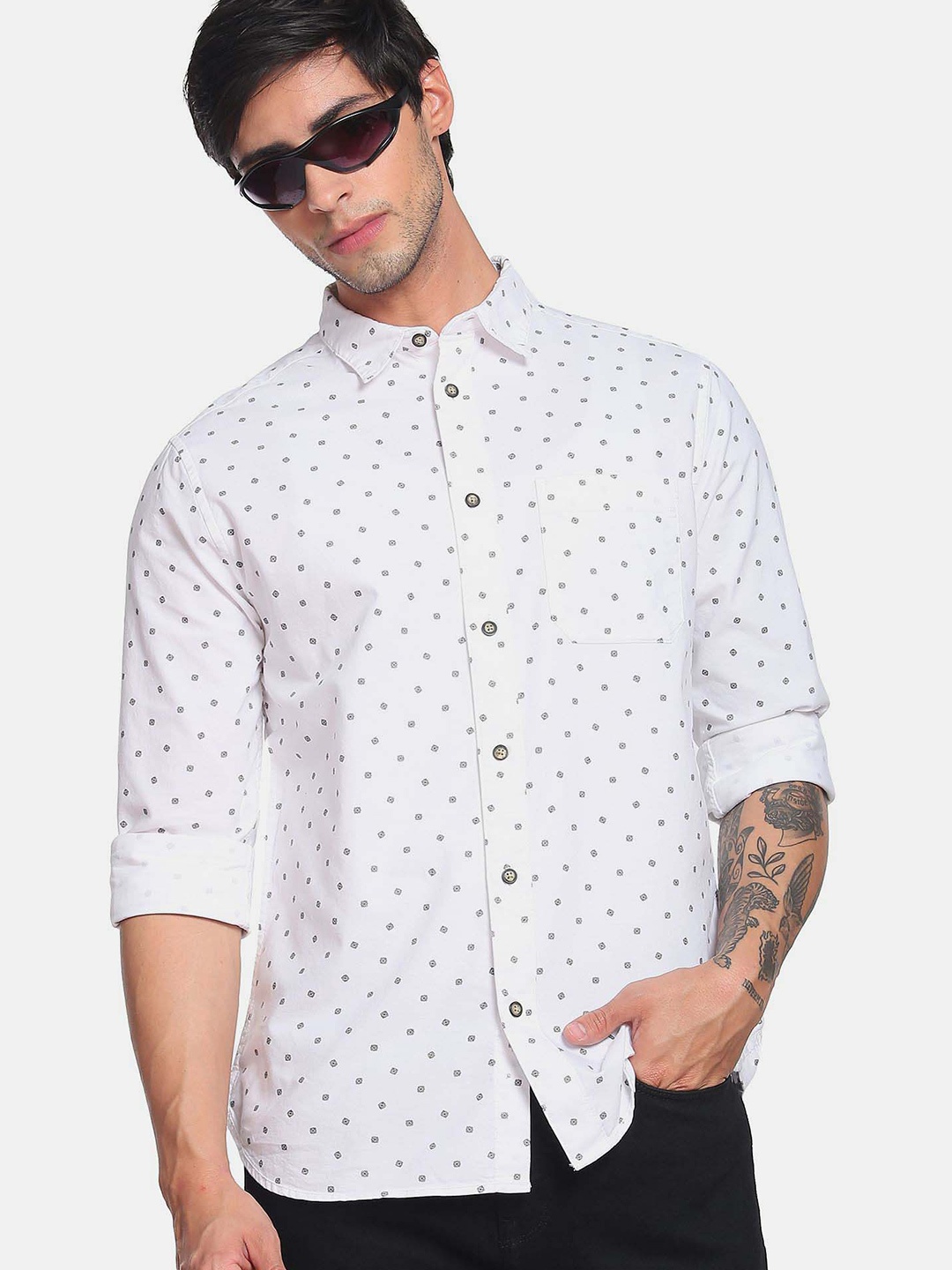 

Flying Machine Geometric Print Oxford Casual Shirt, White