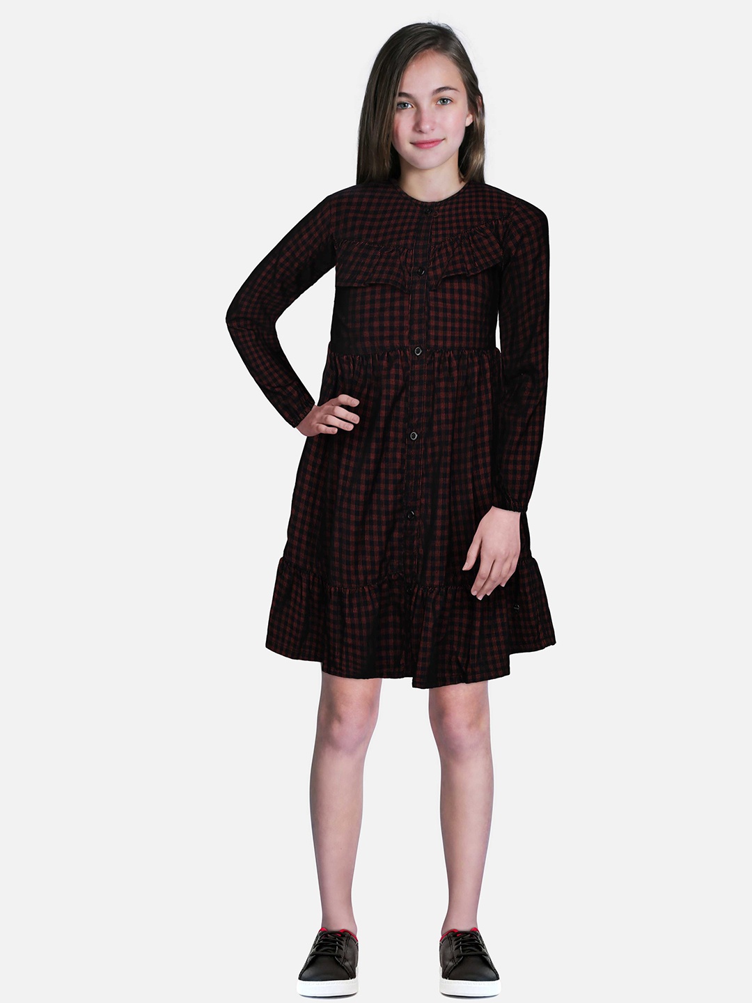 

Gini and Jony Girls Checked Cotton Dress, Maroon