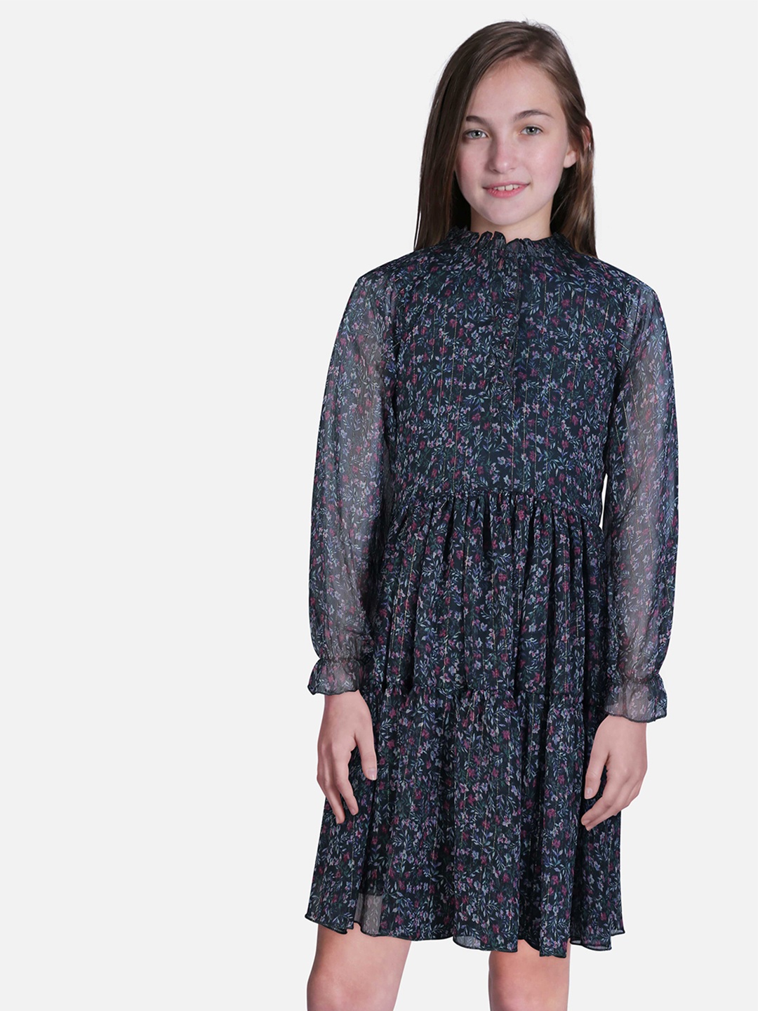

Gini and Jony Girls Floral Printed Mock Neck Fit & Flare Dress, Navy blue