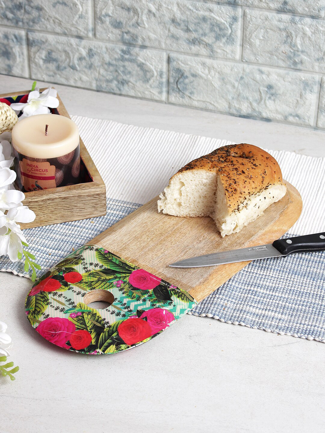 

India Circus by Krsnaa Mehta Herbs of Captivation Cream & Pink Floral Print Chopping Board