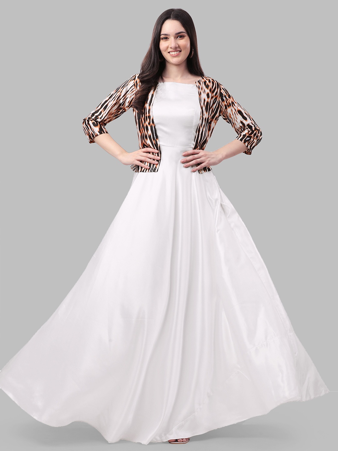 

ASPORA Satin Maxi Dress With Printed Jacket, White