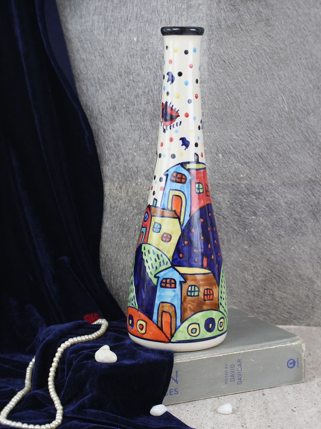 

TIED RIBBONS Off White & Blue Printed Ceramic Bottle Flower Vase