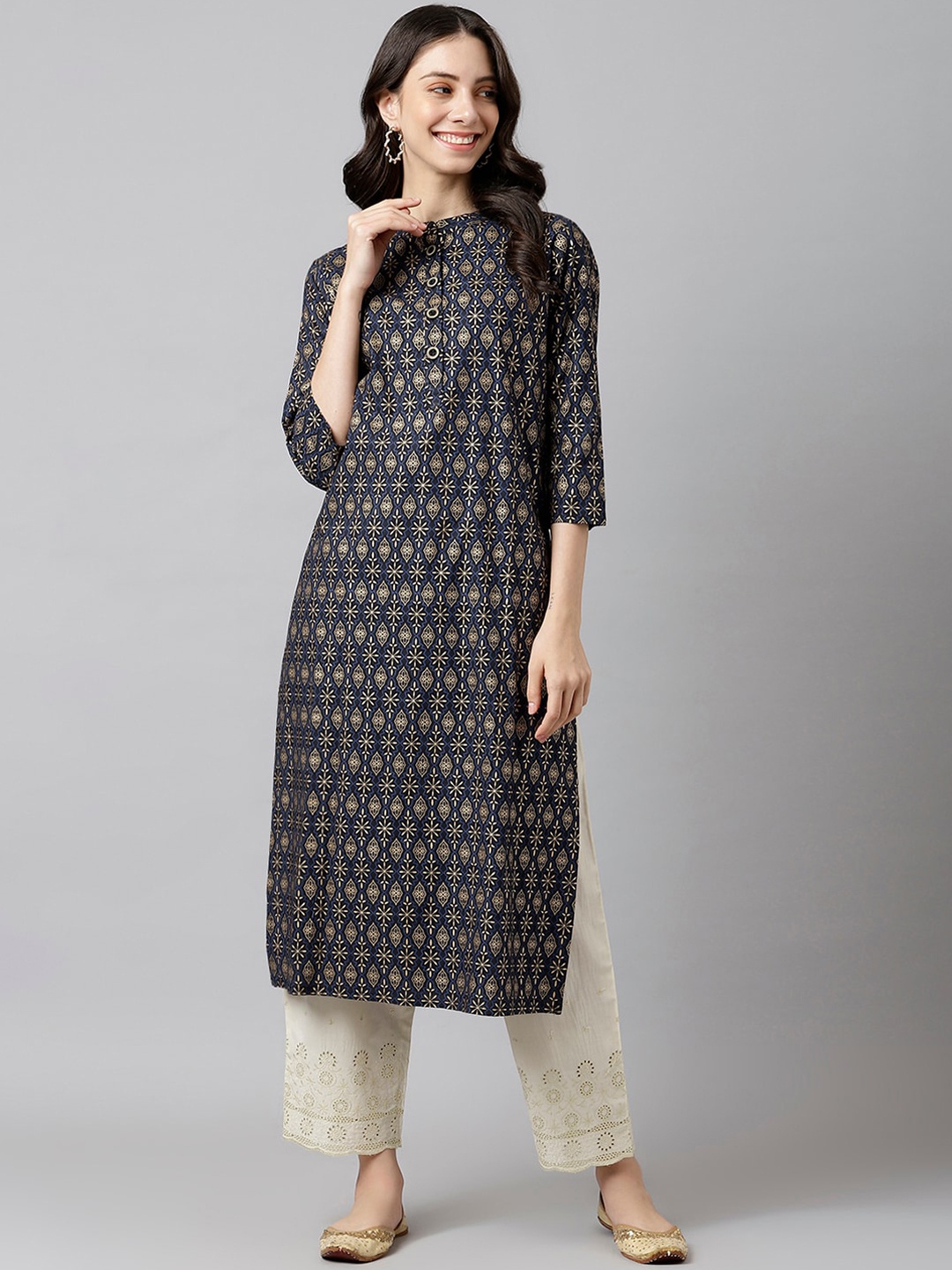 

DECKEDUP Women Ethnic Motifs Printed Indie Prints Cotton Kurta, Navy blue