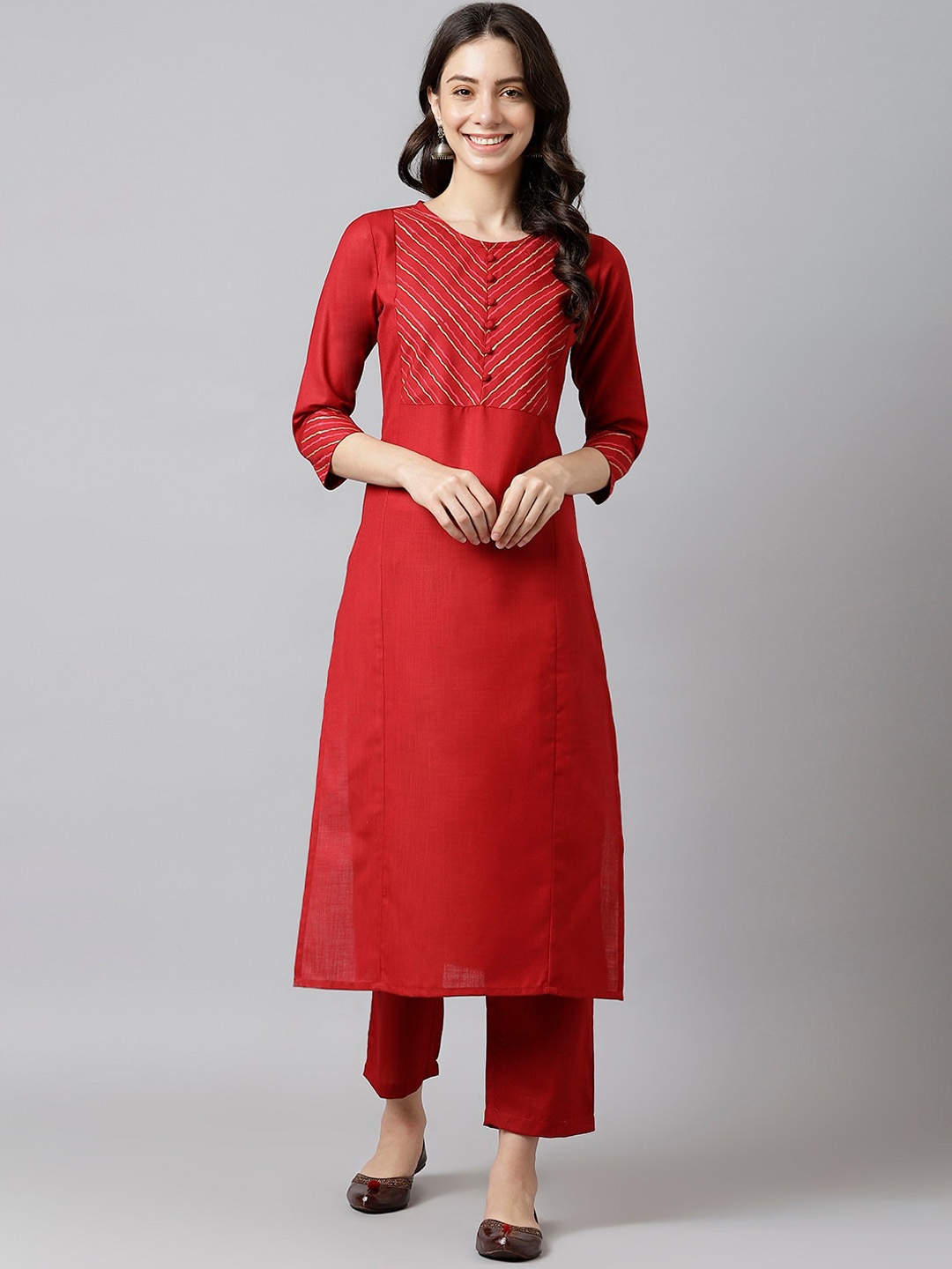 

DECKEDUP Women Yoke Design Striped Cotton Kurta, Maroon