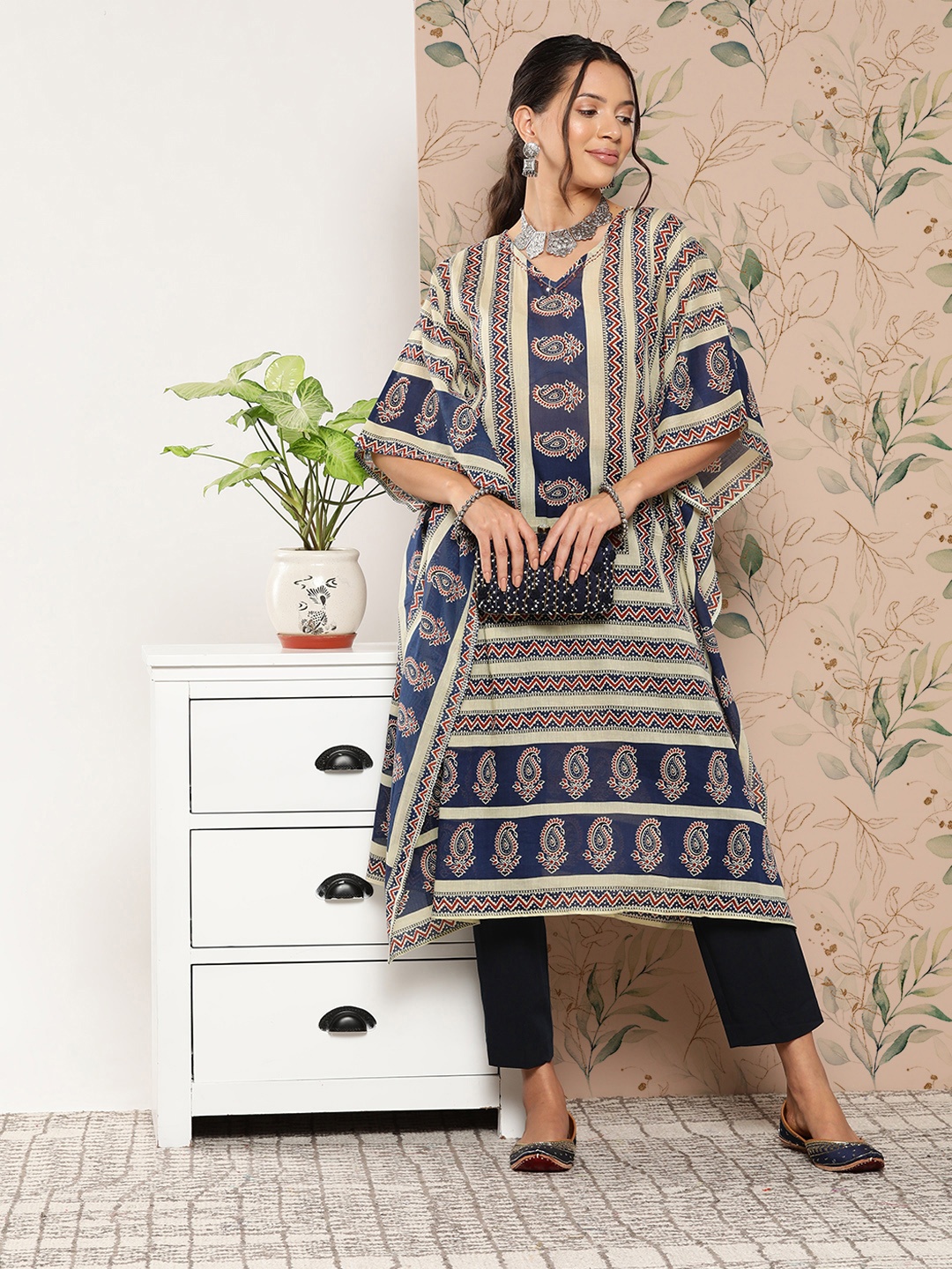 

Yufta Paisley Printed Flared Sleeves Kaftan Kurta, Beige
