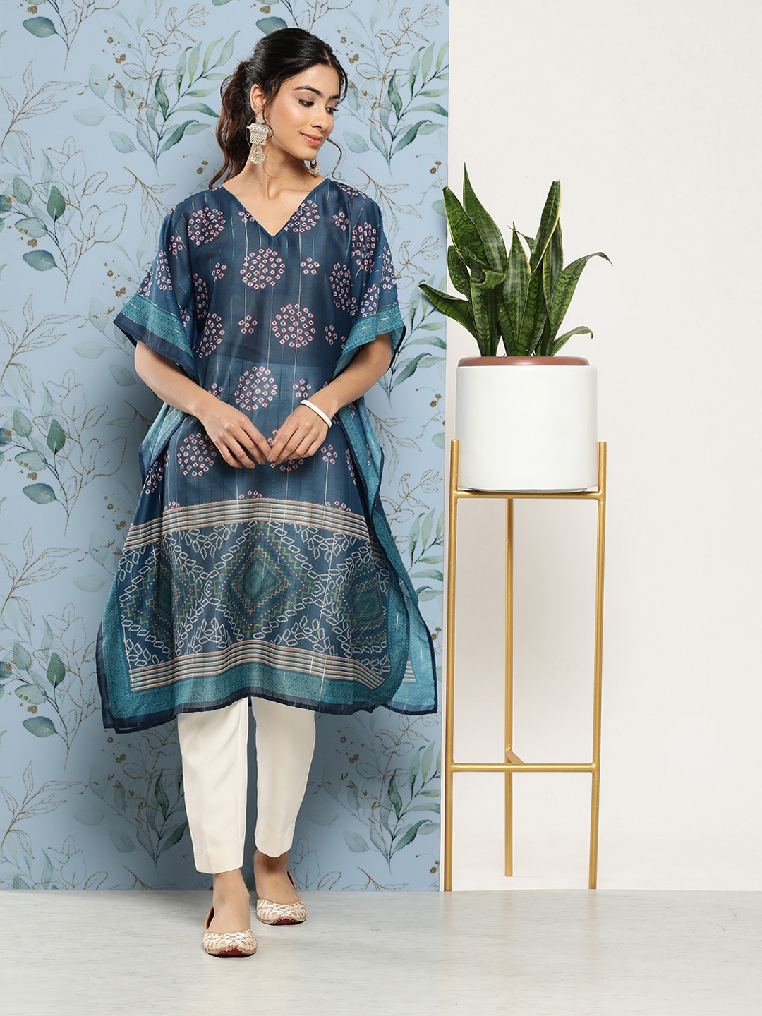 

Yufta Women Bandhani Printed Flared Sleeves Indigo Kaftan Kurta, Blue